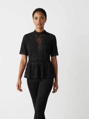Black Lace Peplum Blouse | Sheer Detail | Scobe | Medium